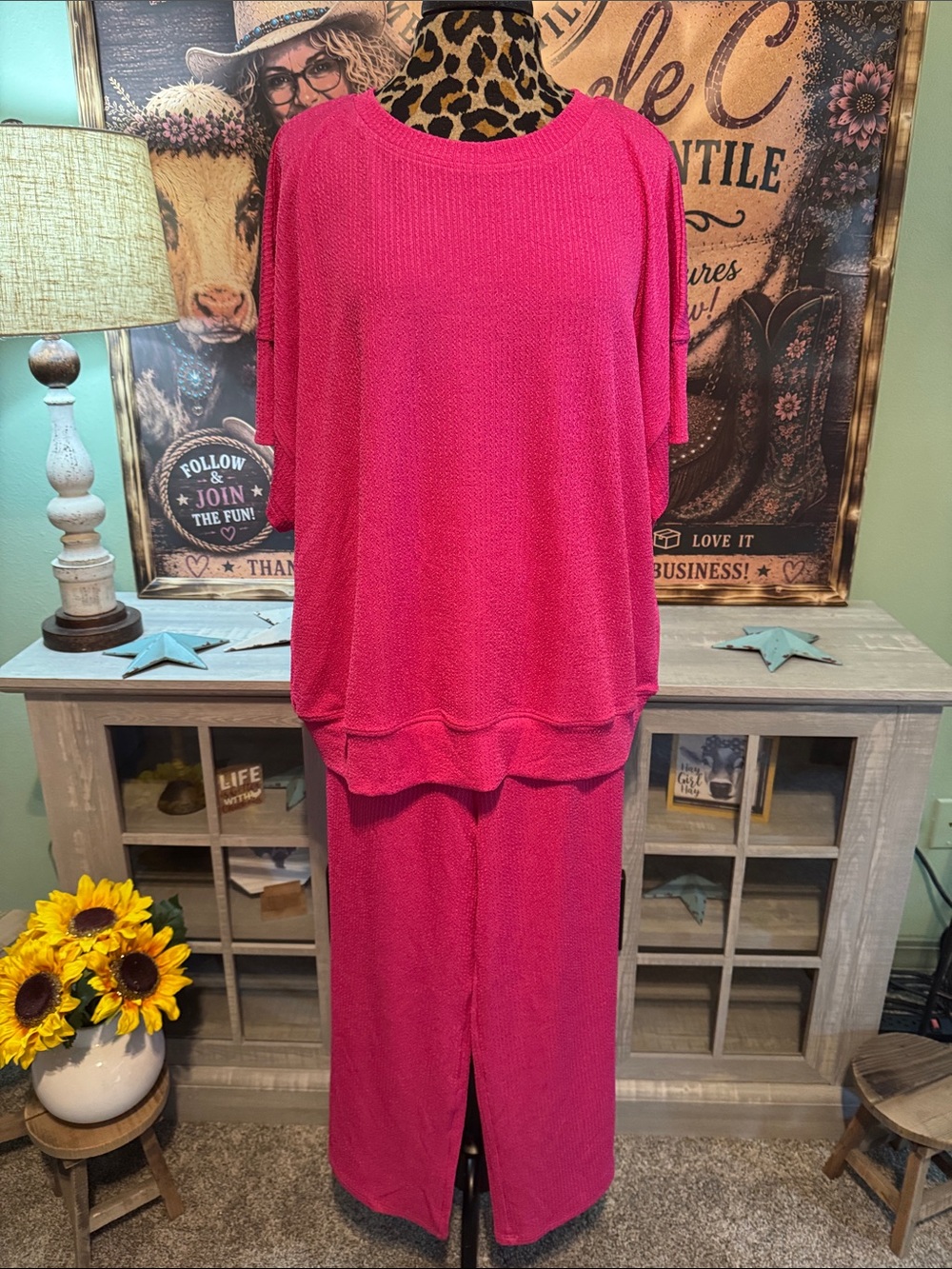 Double Take Bright Pink Two-Piece Knit Set Size XL